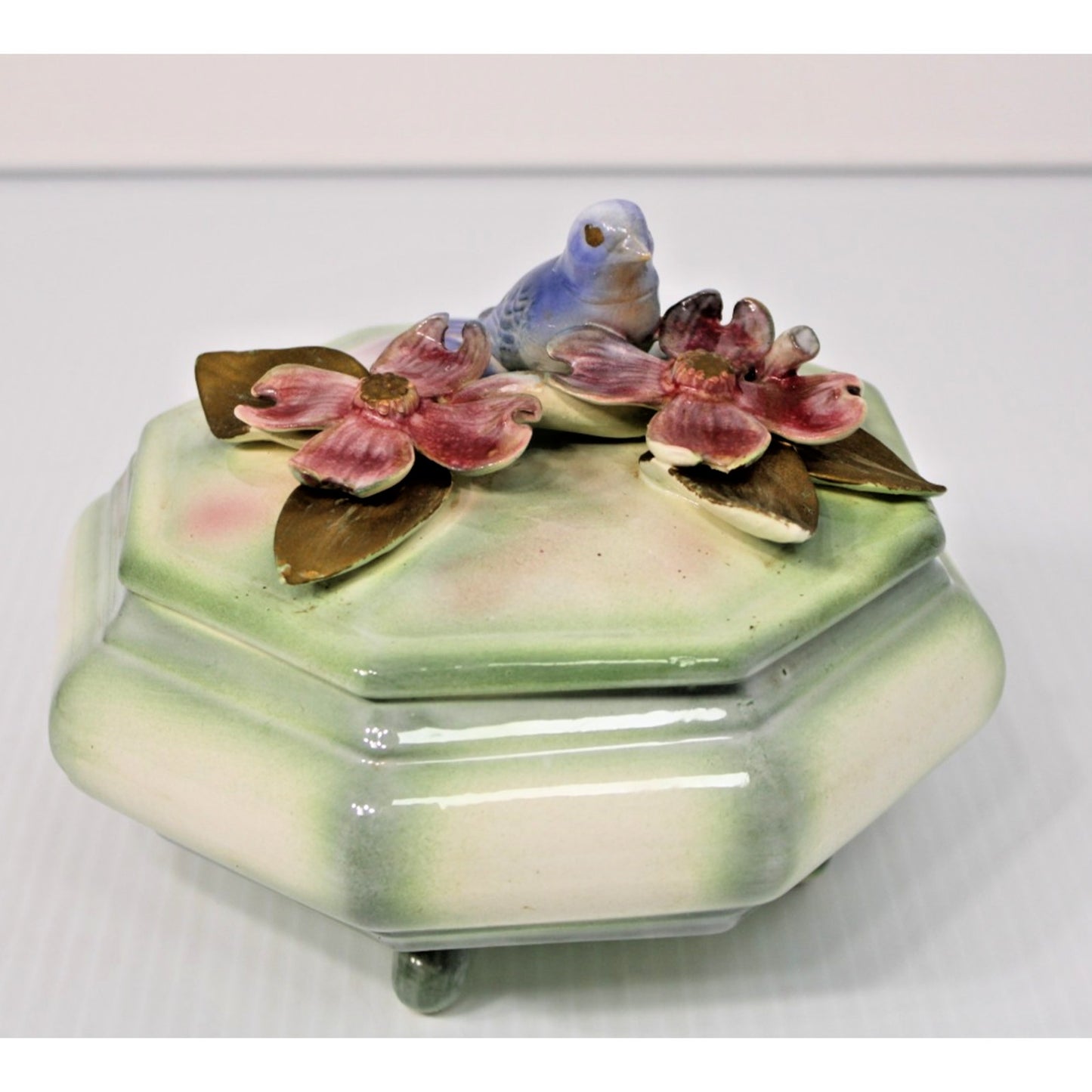 Vintage Lidded Candy Box, Ceramic Octagon with Bird and Floral Figures
