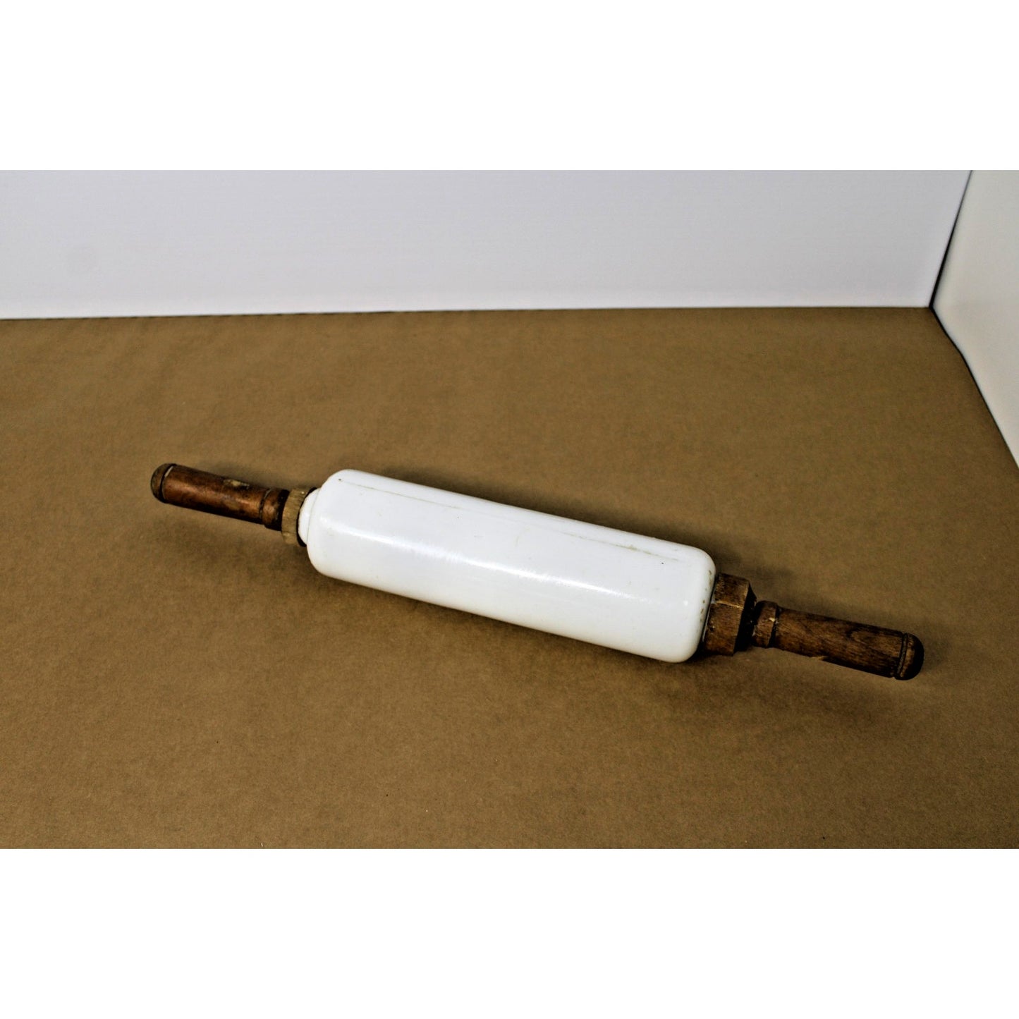 Antique Imperial Mfg White Glass 19" Rolling Pin Wooden Handle Farmhouse Cottage