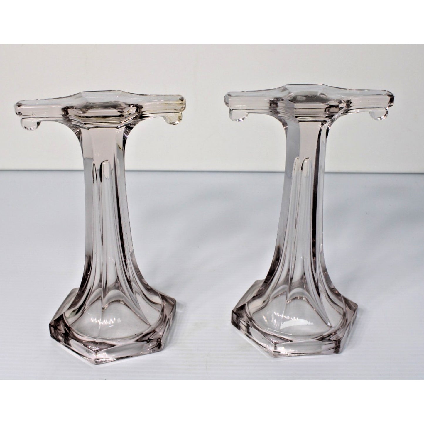 Antique Clear Glass Shelf Risers, Pedestals, Store Display Columns Pair 9"H
