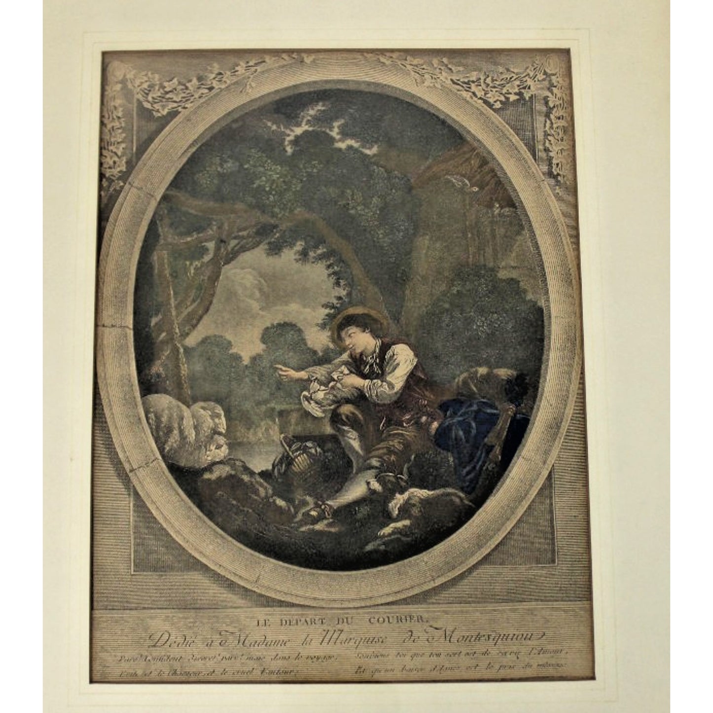 Le Depart du Courrier-Jacques-Firmin Beauvarlet, Hand-colored Engraving, Framed