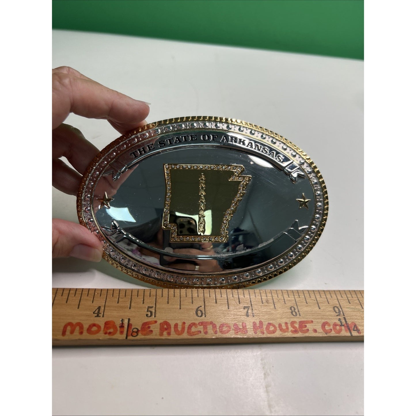 State of Arkansas Silver/Gold Tone Belt Buckle With Rhinestones Large 6” Wide