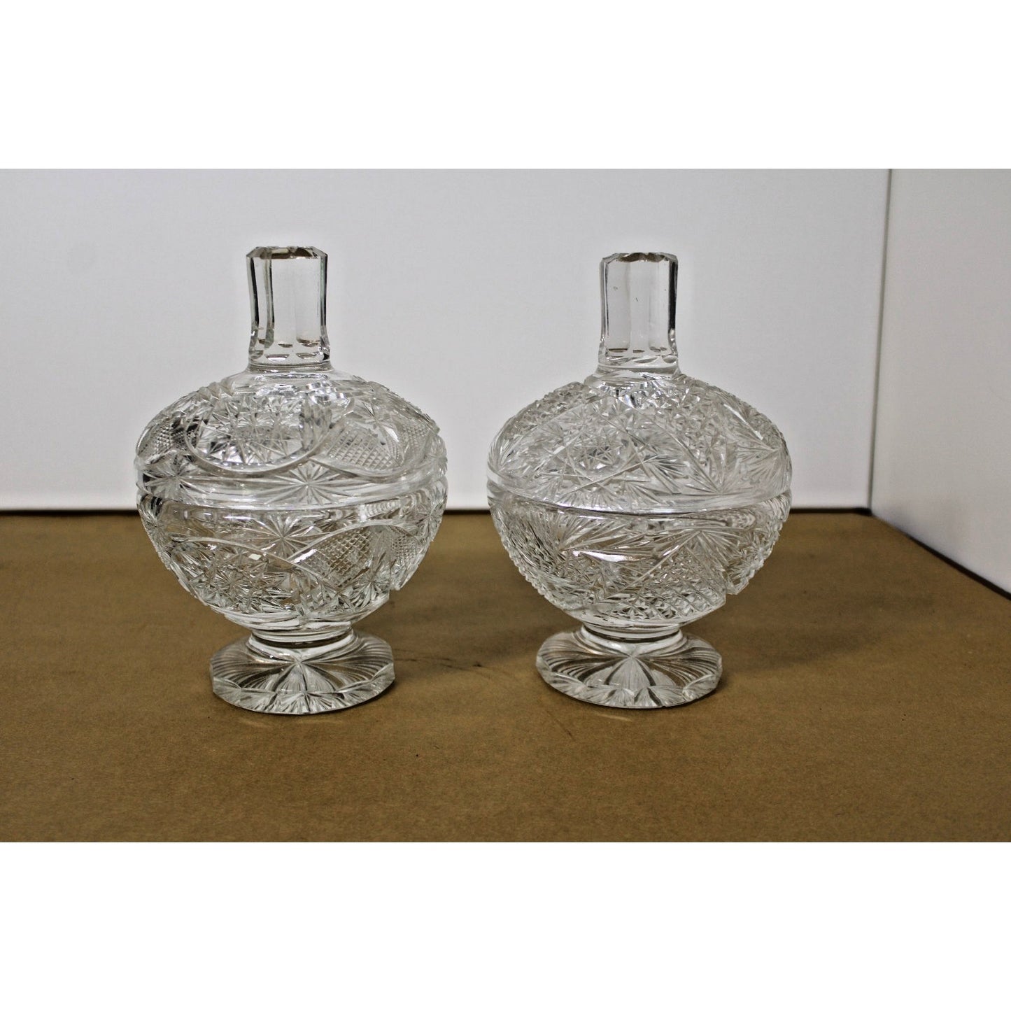 Two Heavy Vintage Bohemian Lead Crystal Dishes with Lids 9"h Brilliant Starburst