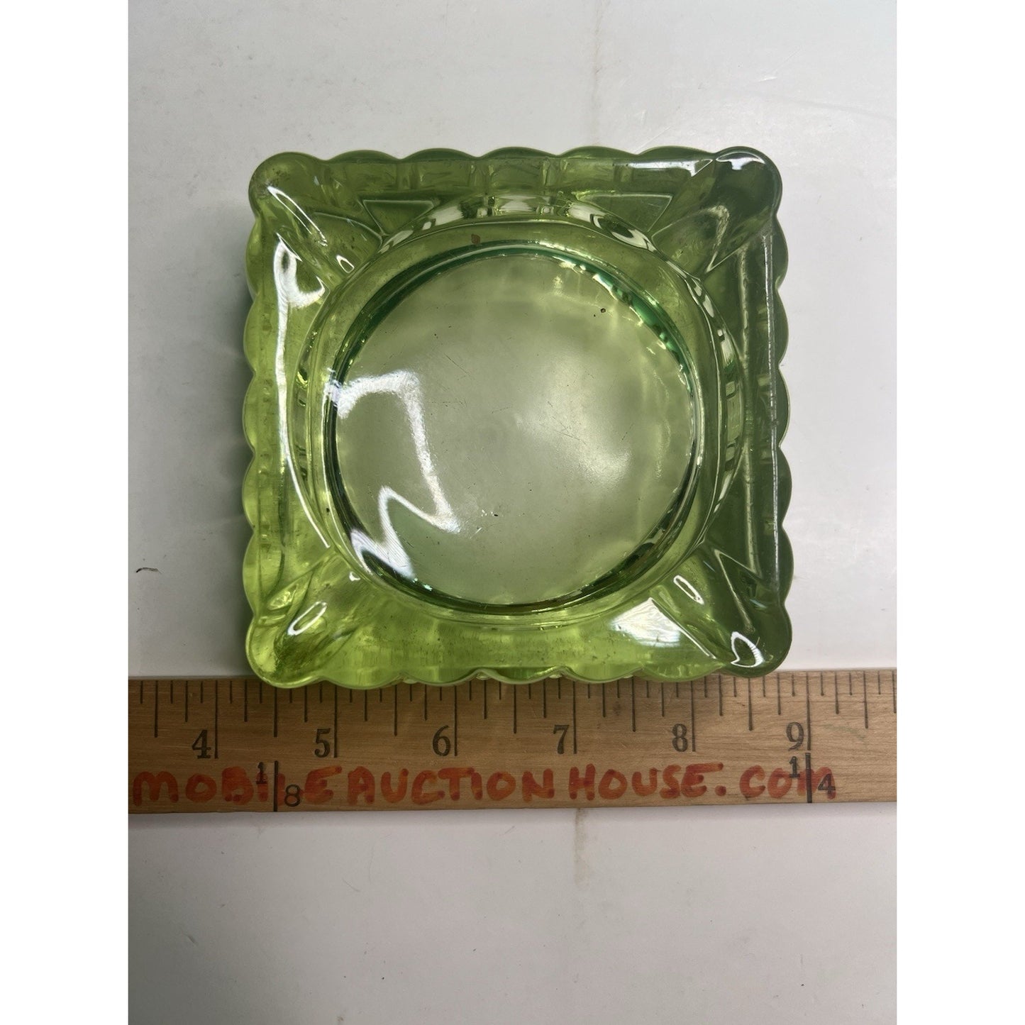 Vintage 4x4 Uranium Glass Ashtray Heavy Depression Green Glows Bright Tobacciano