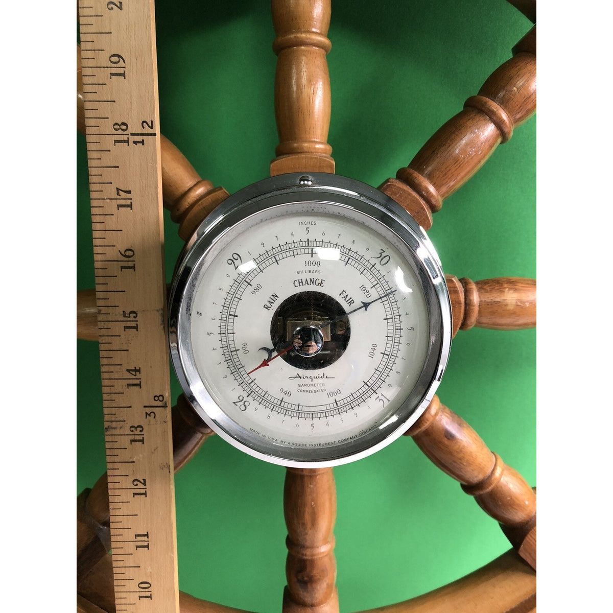 Airguide Deluxe 30” Wood Ship Wheel With Compensated Barometer Made In USA
