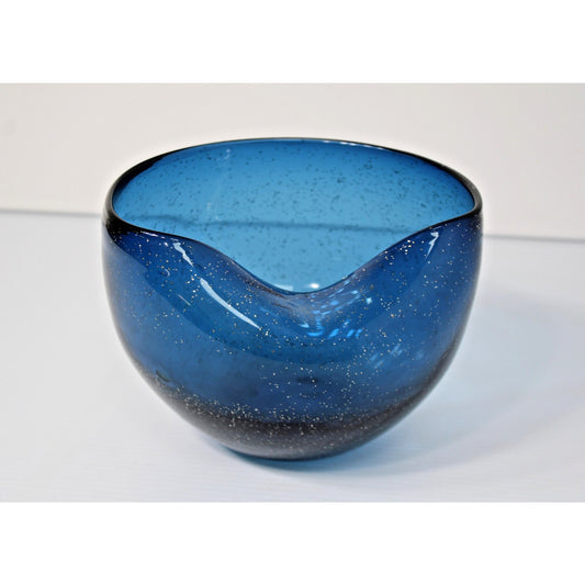 Vintage 60s Mod Blue Glass Vessel with Glitter Flake, Folded Rim Bowl- Gorgeous!