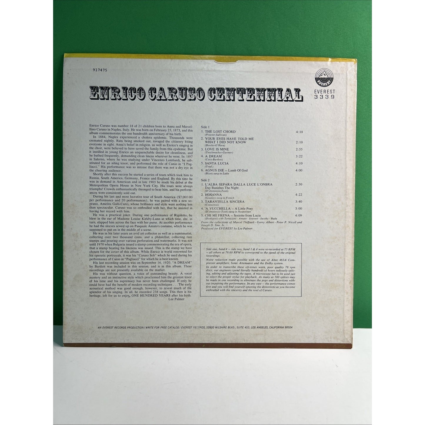 Everest 3339 Enrico Caruso Centennial 100th Anniversary 1973 LP Record Vinyl