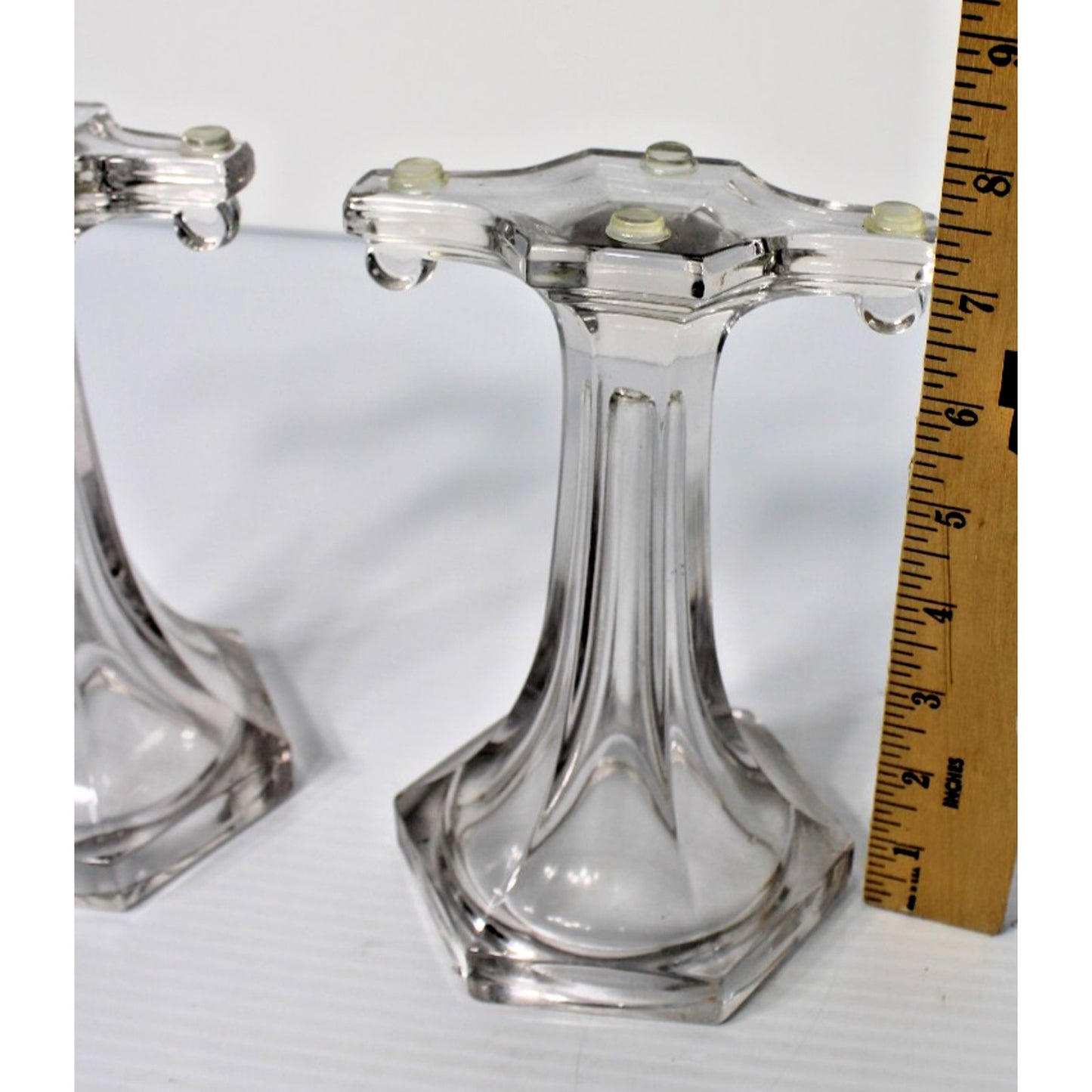 Antique Clear Glass Shelf Risers, Pedestals, Store Display Columns Pair 7-1/4"H
