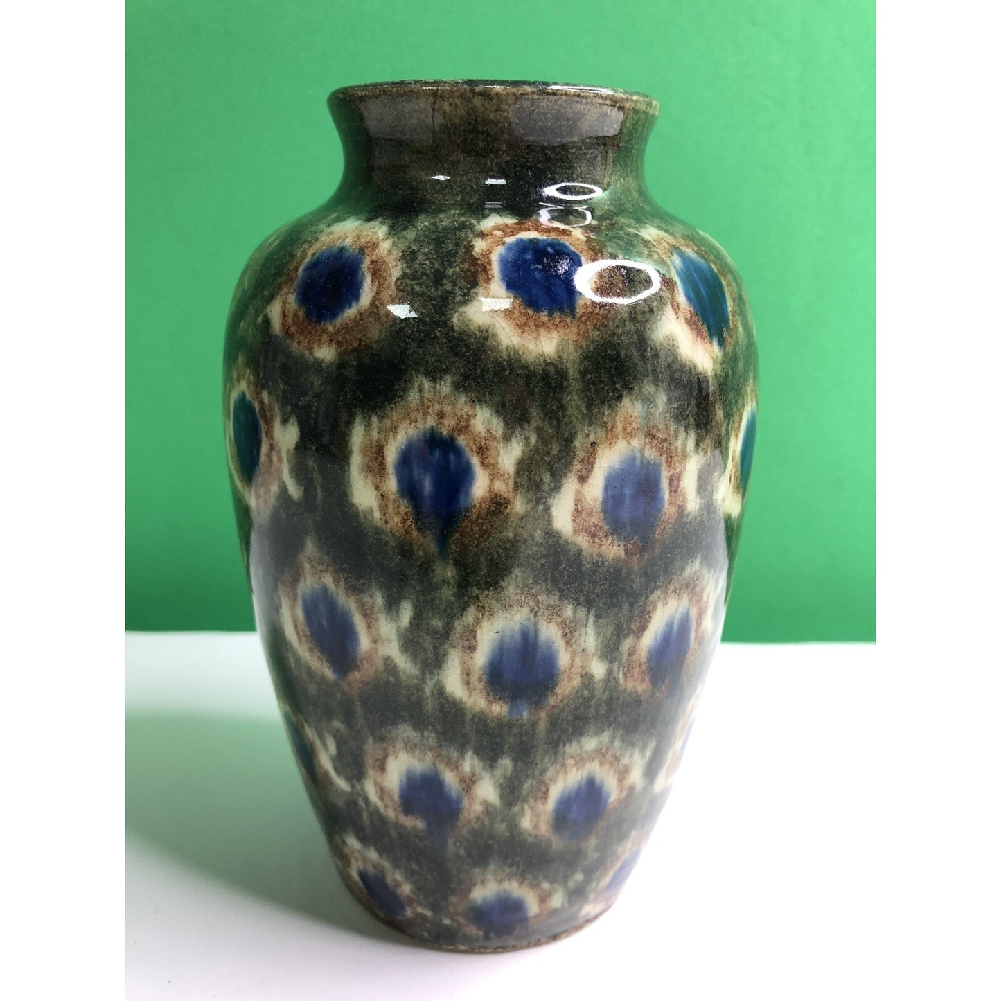 Early 1900s Antique FRIEDRICH FESTERSEN BUNZLAU PEACOCK Studio Art POTTERY VASE