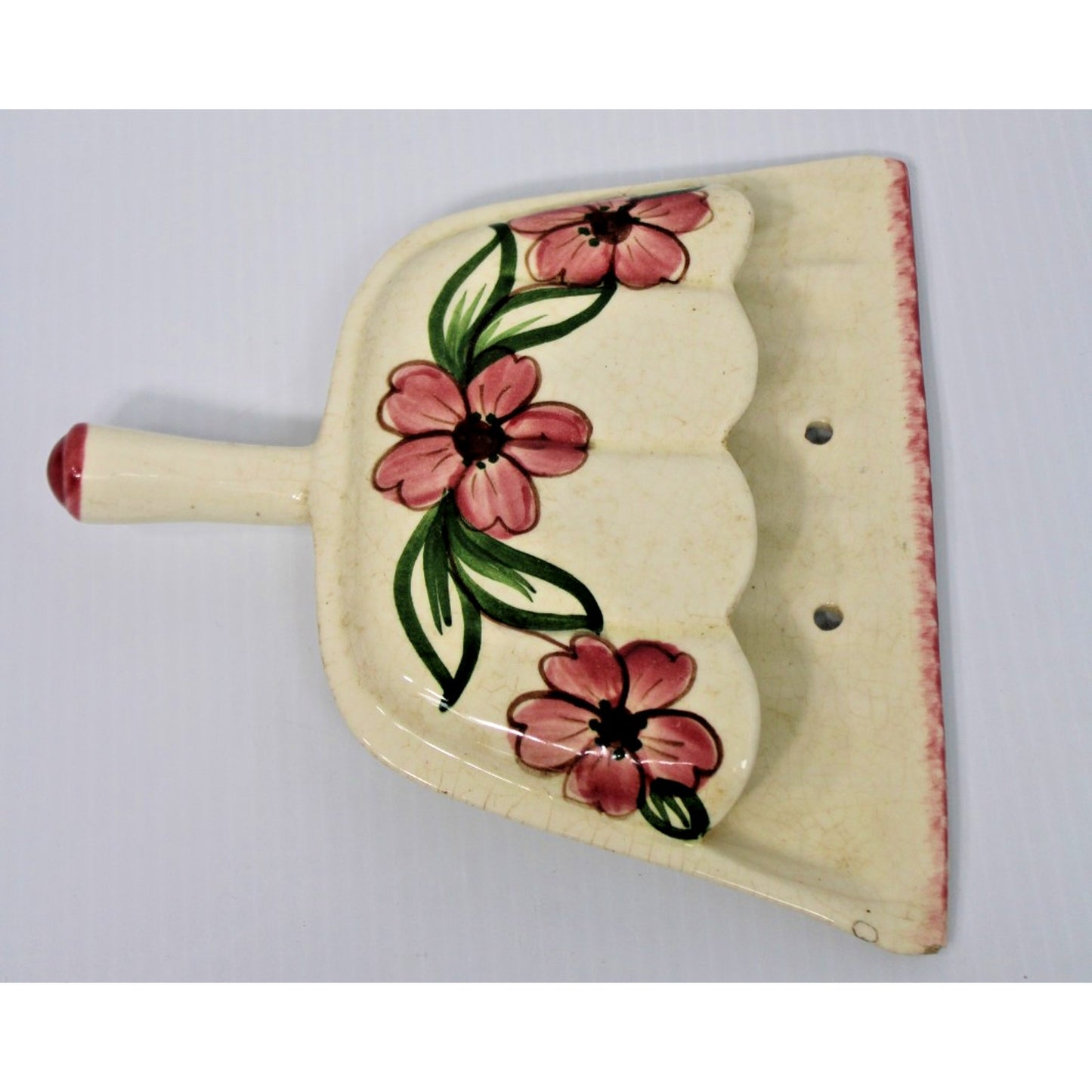Vintage Dust Pan Wall Pocket, Hand-Painted Pink Floral 8.5" Cottage Grandma Chic