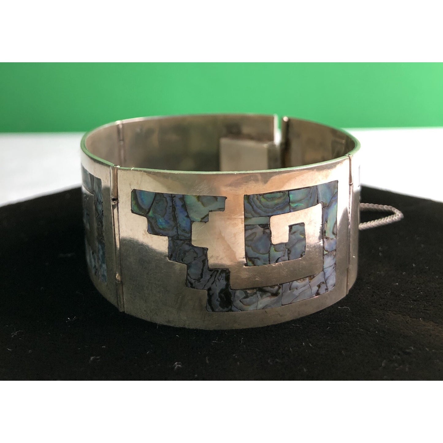 Vintage Mexico Sterling Silver Abalone Inlay Greek Key Panel Link Bracelet H.J.R