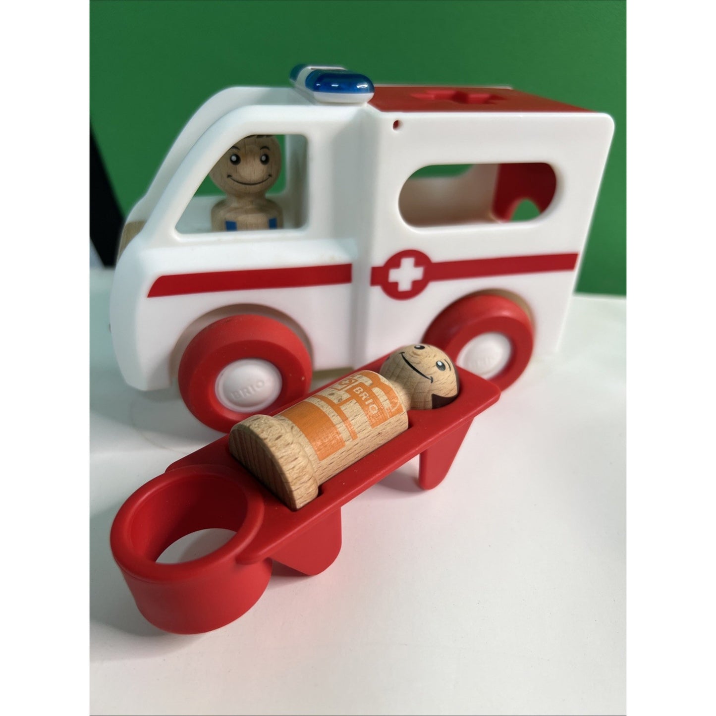 Brio Plastic Red and White Emergency Ambulance Toy Vehicle With Wooden Figures