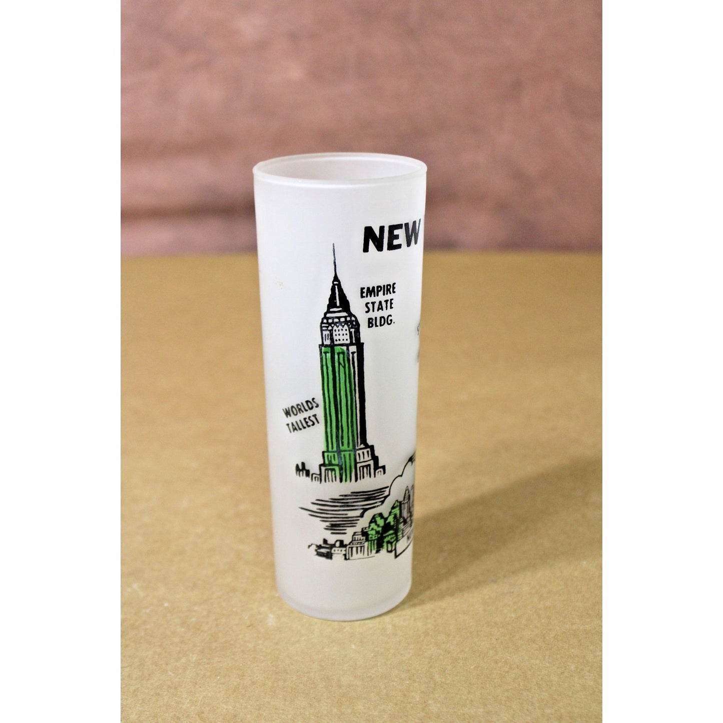 VINTAGE Frosted Souvenir Glass New York City Skyline, Empire State Bldg. 6.75" H