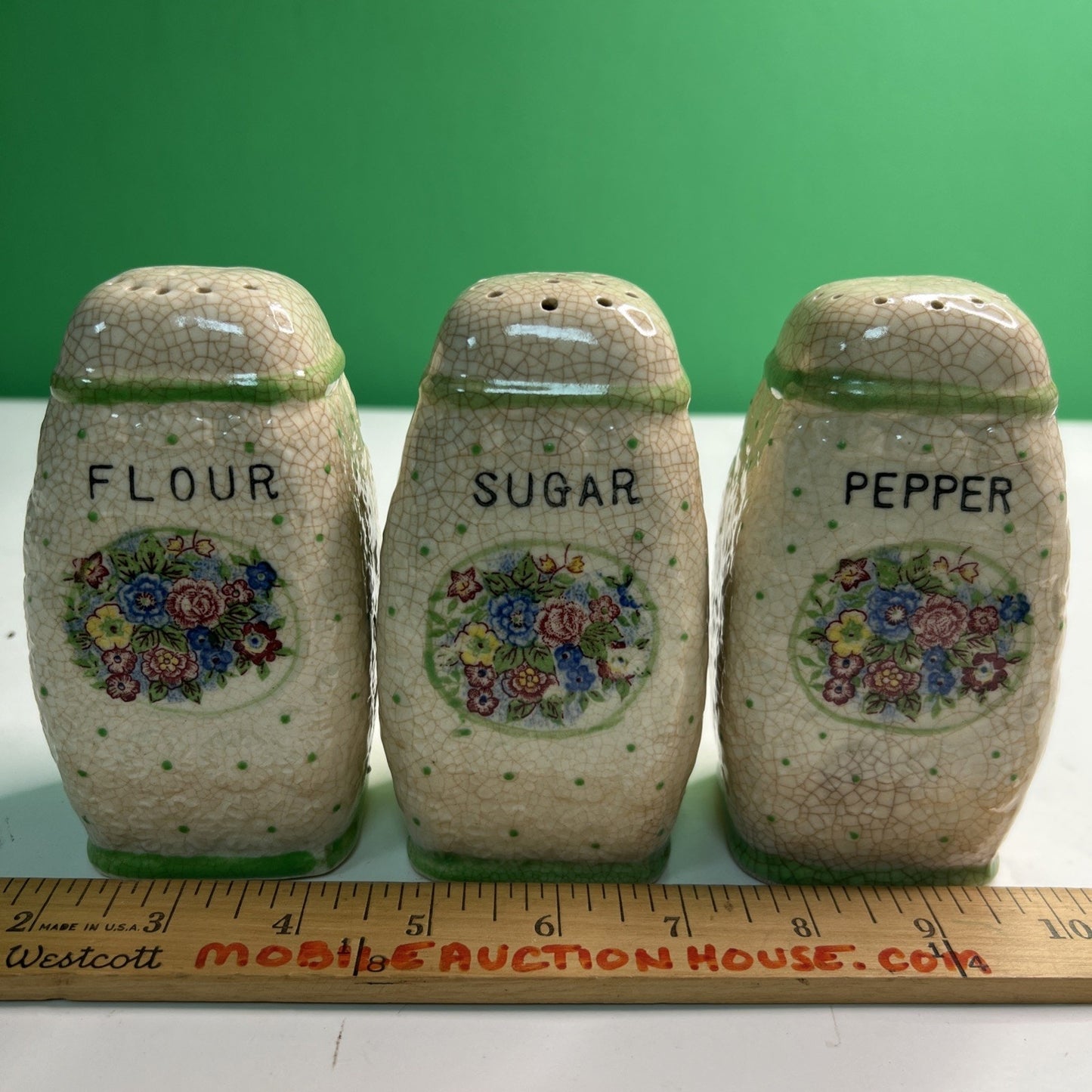 Vintage Japan Majolica Pepper Sugar Flour Shakers RARE
