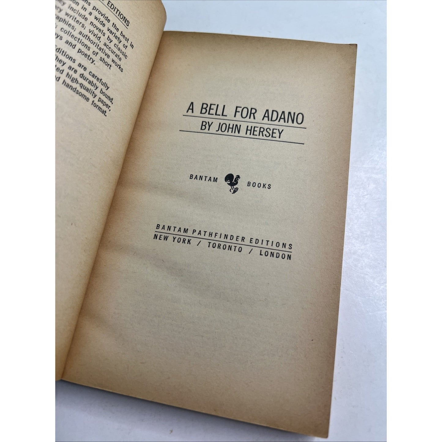 1965 PB A BELL FOR ADANO by John Hersey World War II Novel About Italian Town