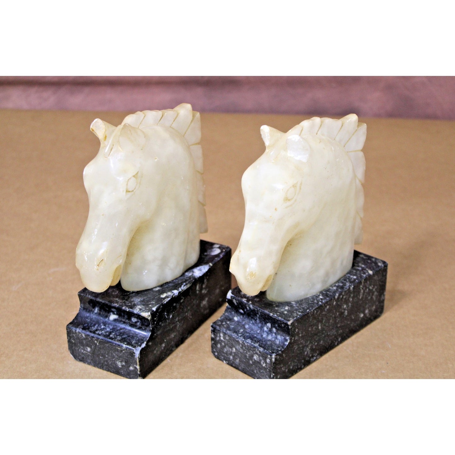 Vintage Heavy Carved Stone & Marble Book Ends, Horse Head, Figural, 7" H