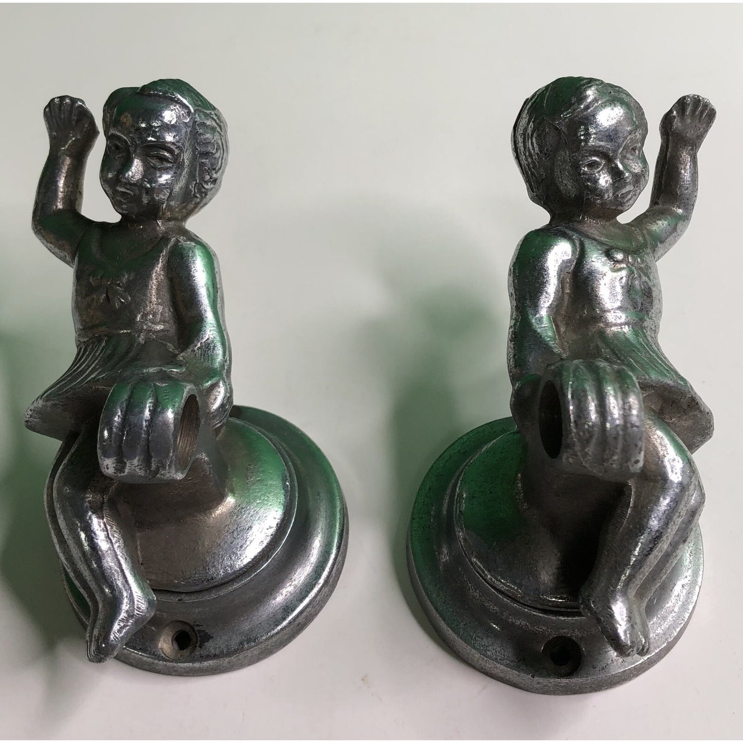 PAIR of Antique Cast Aluminum GIRLS Wall Mount TOWEL ROD HOLDER Kitchen Bath