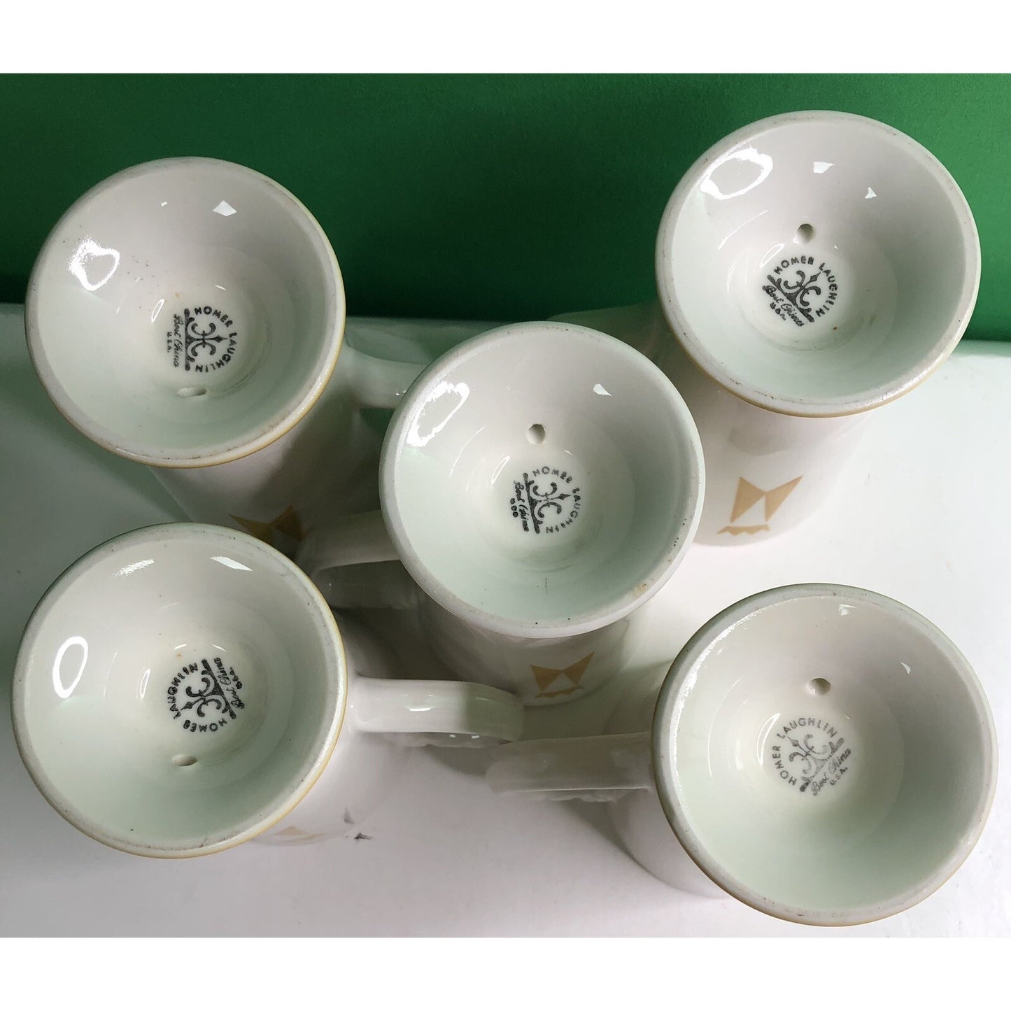 Set 5 Mid Century Homer Laughlin Marriott Gold Crown Footed Coffee Cups Mugs
