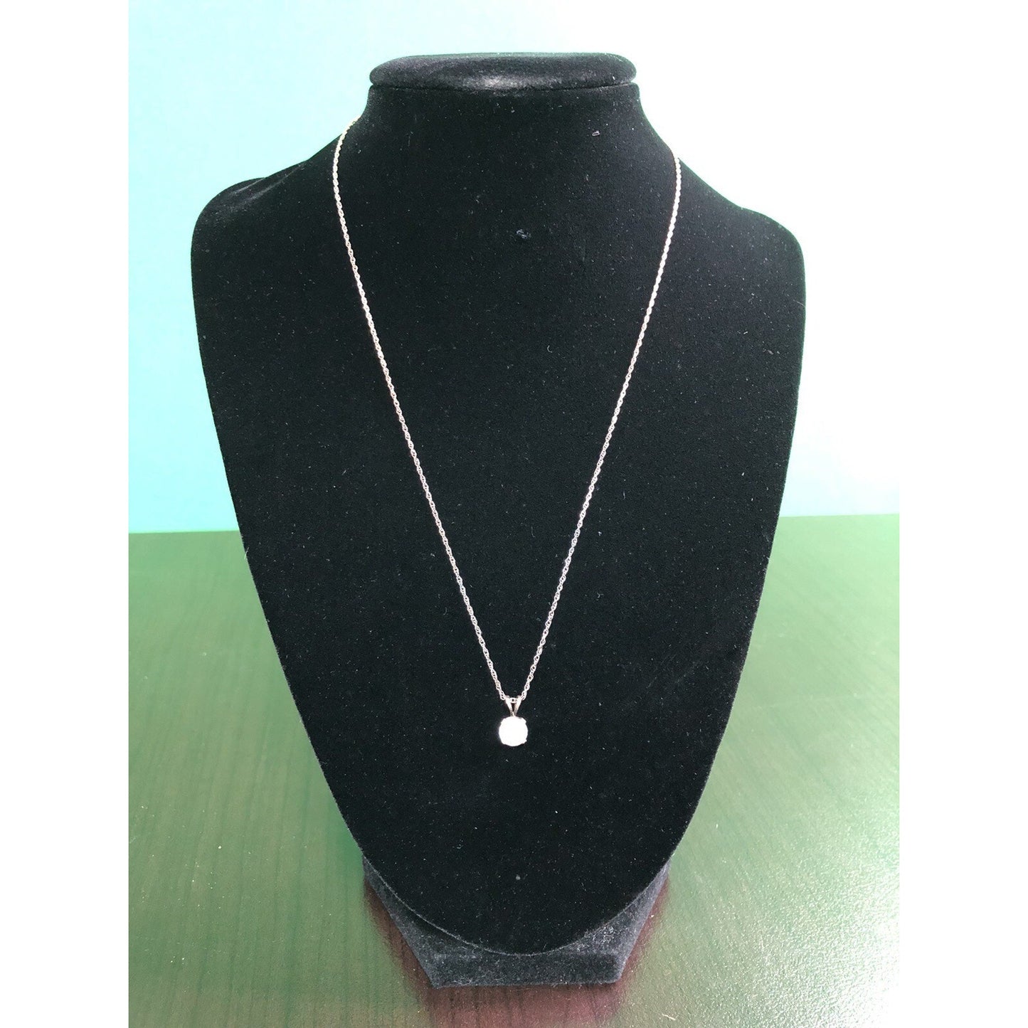 Vintage 18 Inch Sterling Chain Necklace Simulated Diamond Solitaire Pendant