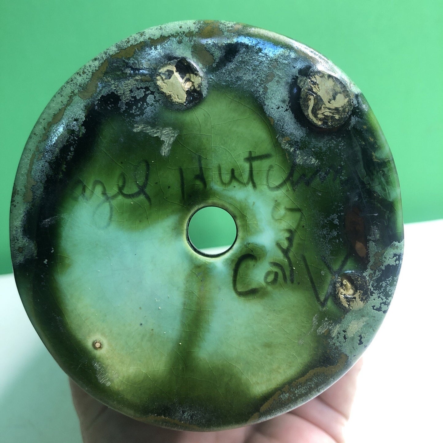 Vintage California Pottery Vase by Artist Hazel Hutchins Green Leaf/Plant Motif