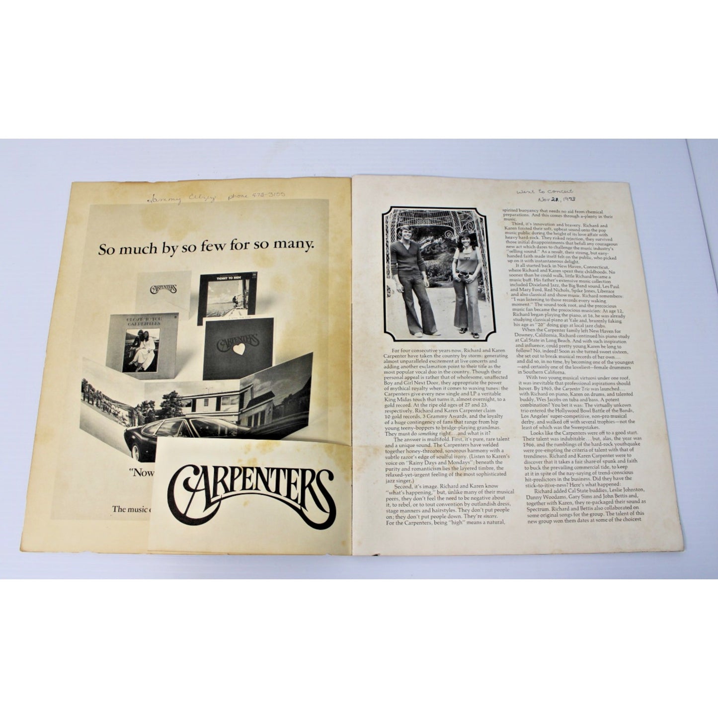 The Carpenters- 1973 Original Concert Program Now & Then Tour w/Fan Club Insert