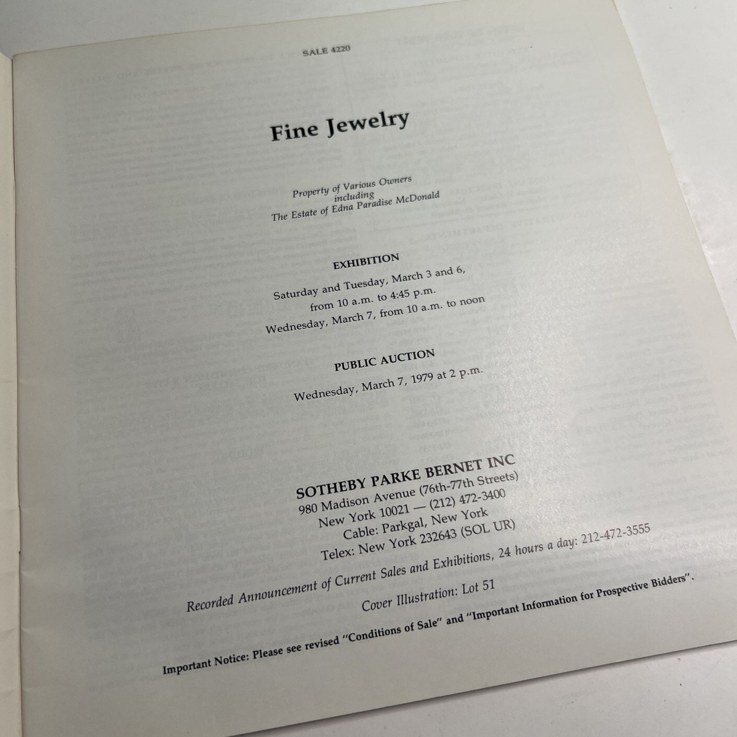 Sotheby’s Parke Bernet Auction Catalog March 7, 1979 Fine Jewelry