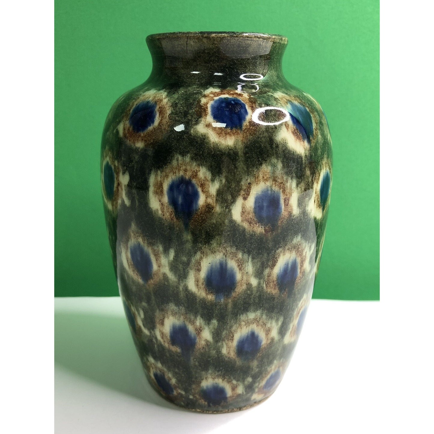 Early 1900s Antique FRIEDRICH FESTERSEN BUNZLAU PEACOCK Studio Art POTTERY VASE