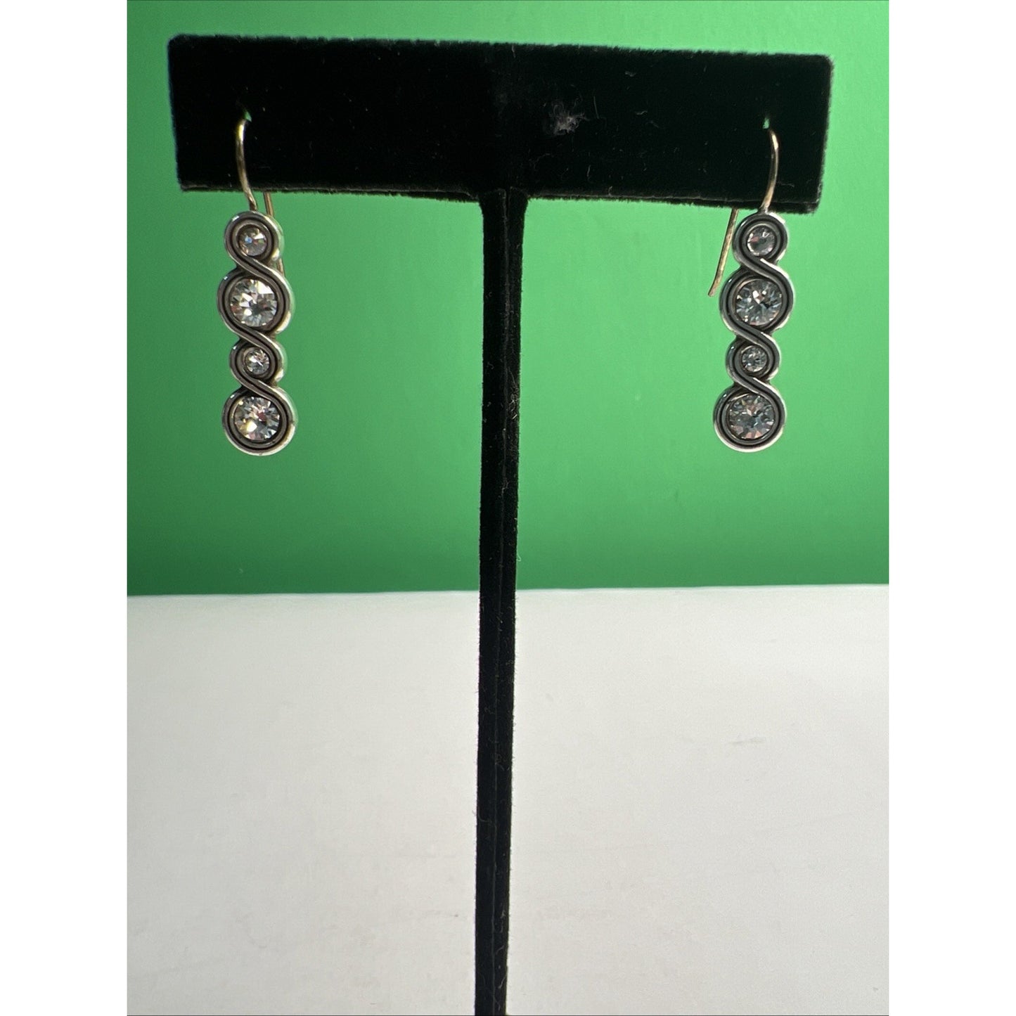 Vintage Silver Tone Swirl & Clear Stone Drop Dangle Earrings French Wire
