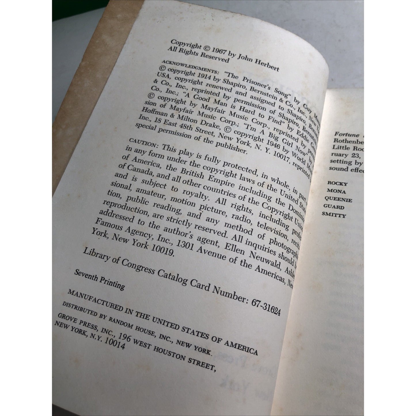 1967 FORTUNE AND MEN'S EYES by John Herbert Play Paperback