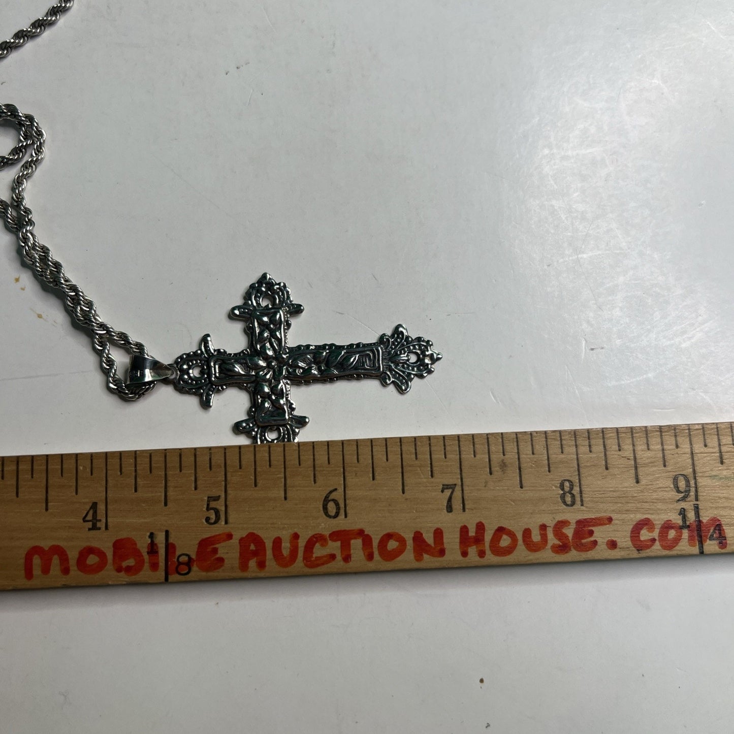 Vintage Sterling Rope Chain With Large Floral Cross Pendant