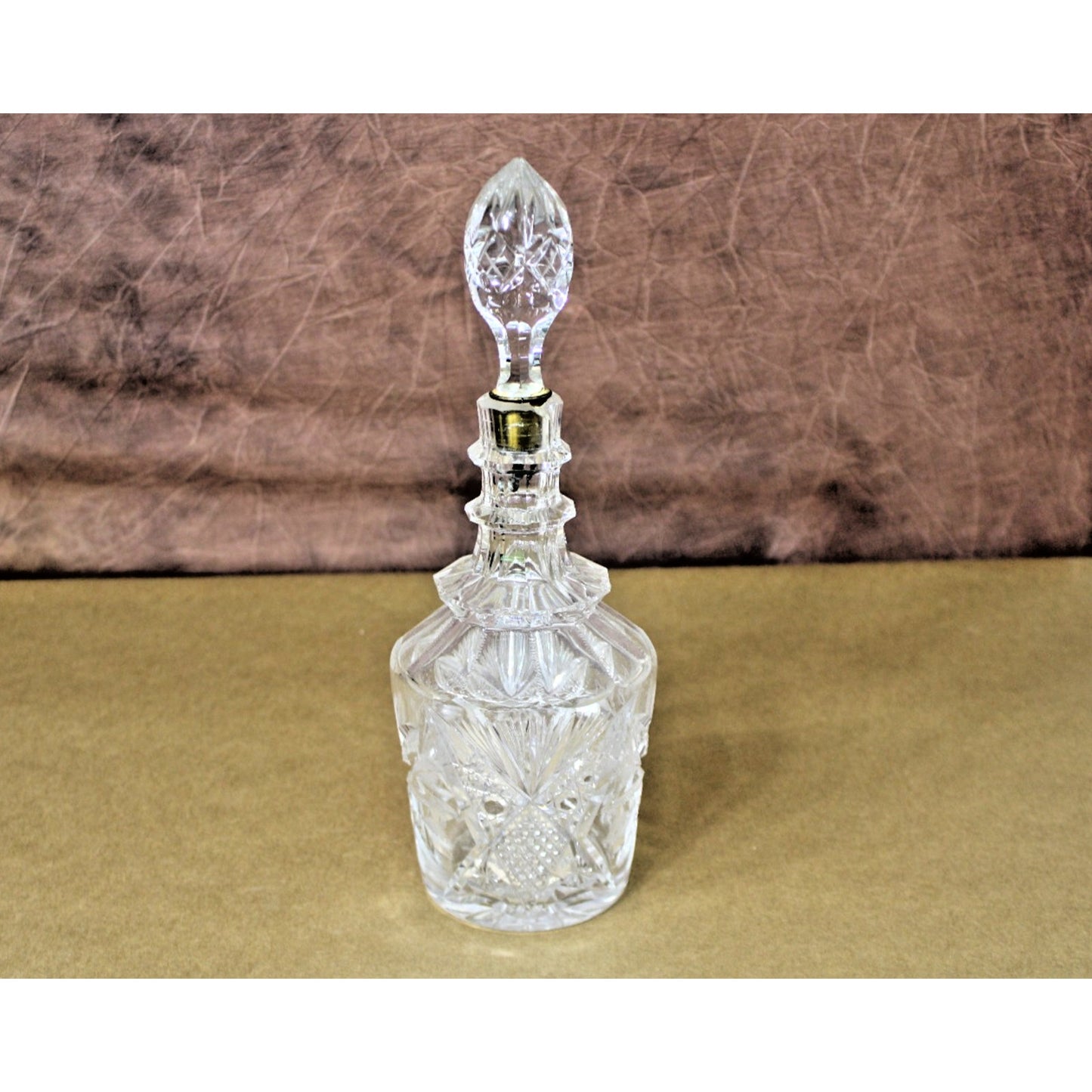 Vintage Lead Crystal Decanter Starburst Etched 12.5” H With Brass Bell Stopper