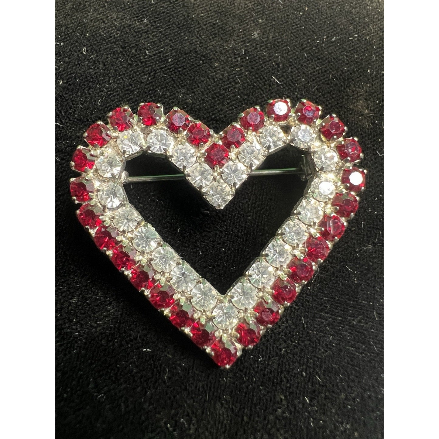 Vintage Heart Lapel Scarf Brooch Pin Rhinestones Costume Jewelry 1.5” Wide