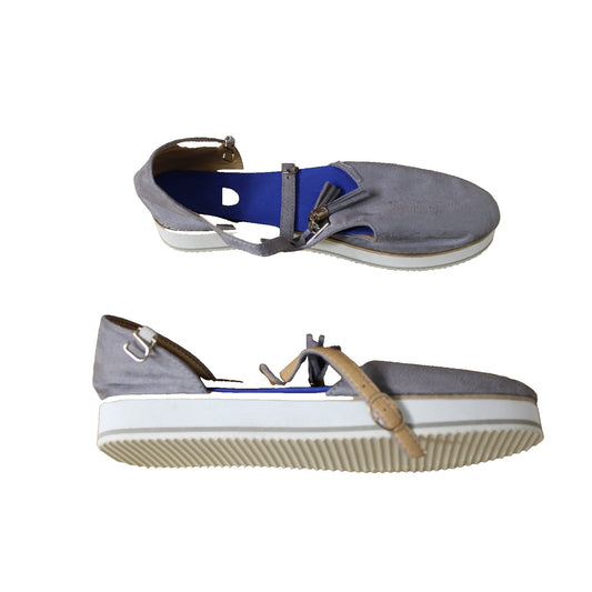 Grey Suede Casual Ladies Sz. 8 Flats with Tassels Ankle Strap Platform