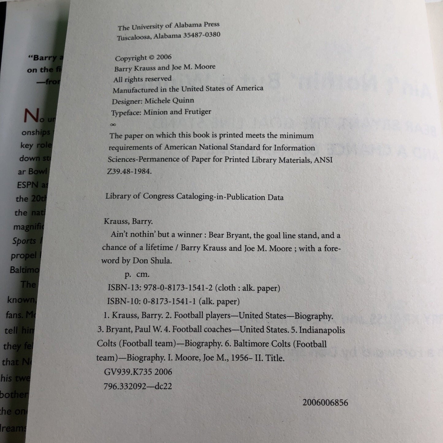 Ain't Nothin' but a Winner : Bear Bryant By Krauss And Moore (2006) SIGNED