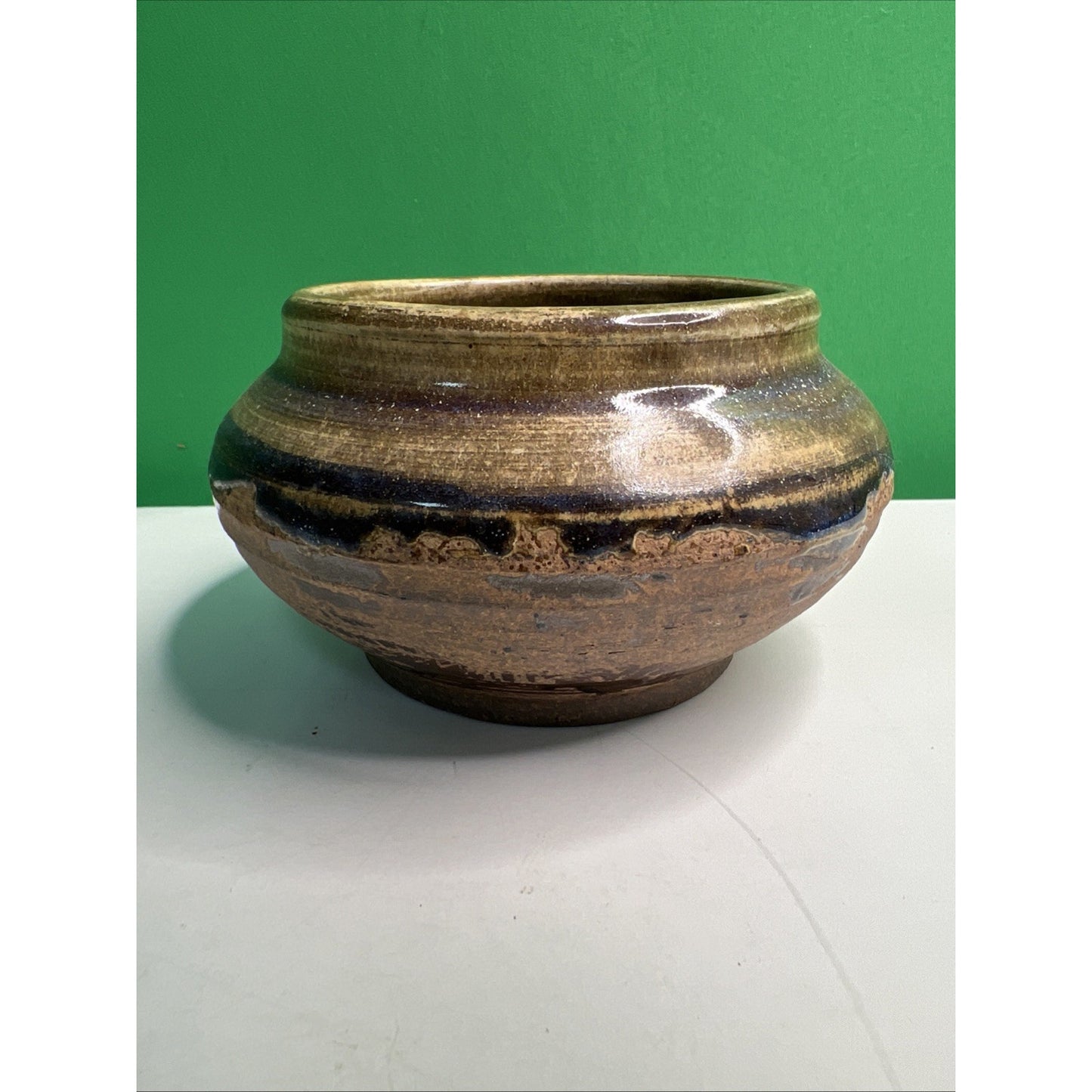 Studio Art Pottery Ceramic Blue Purple Brown Hues Drip Glazed Vintage Pot Bowl