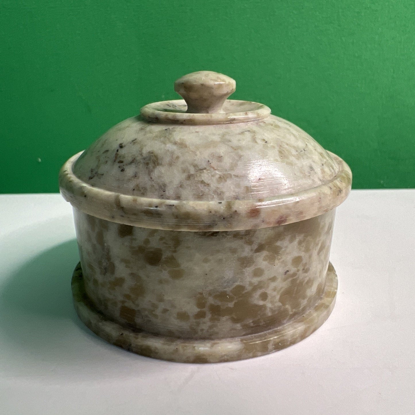 Carved Soapstone Small Inlaid Round Box Trinket Vanity Natural Stone Lid
