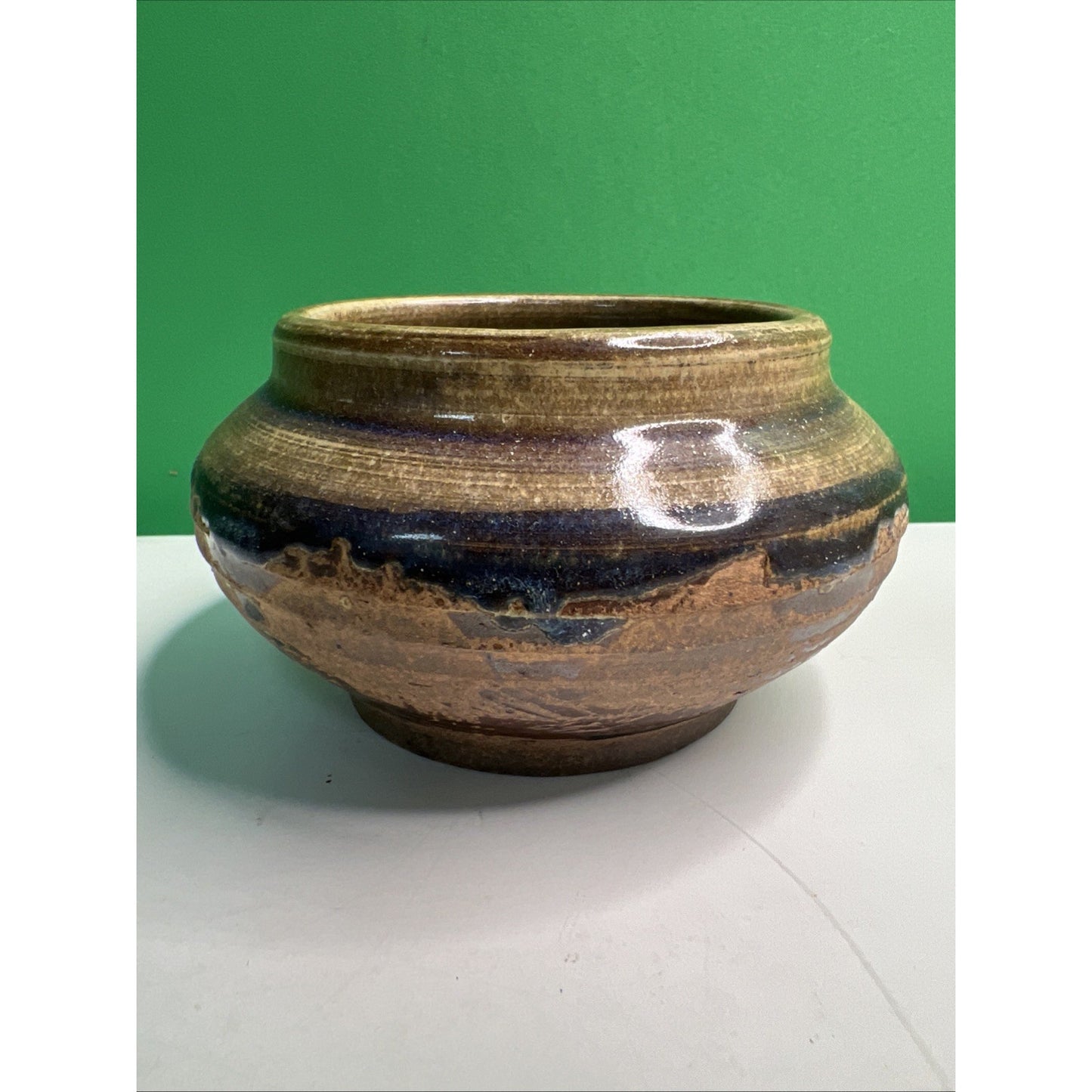 Studio Art Pottery Ceramic Blue Purple Brown Hues Drip Glazed Vintage Pot Bowl