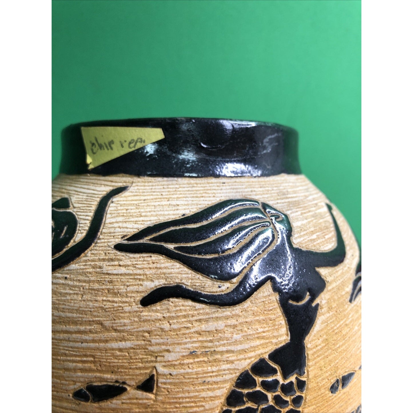 Beautiful MERMAID Vase Sgrafitto Studio Art Pottery Rich Brown Cream Orange