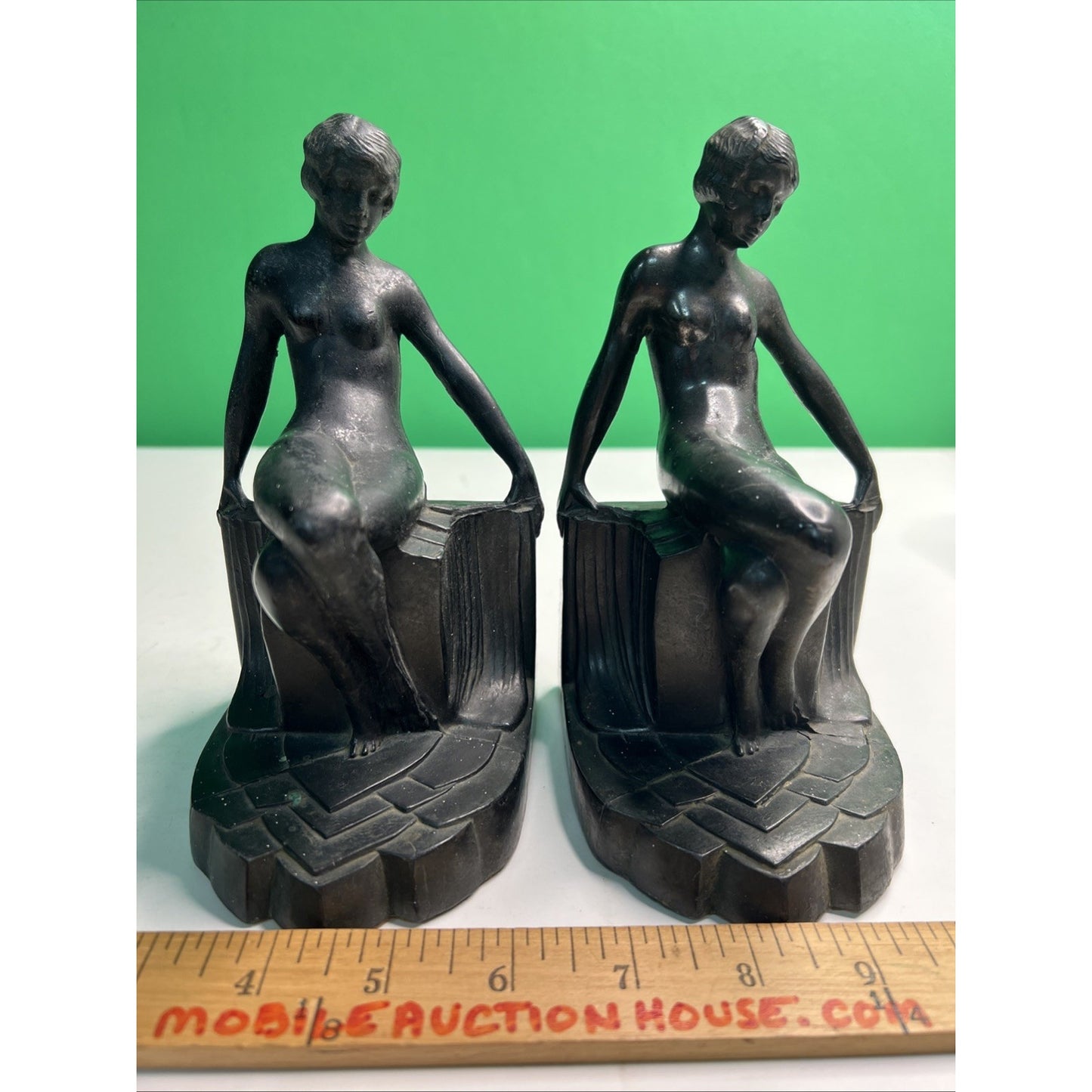 Art Deco 1930's Pair of Nude Flapper Girls Spelter Metal Bookends