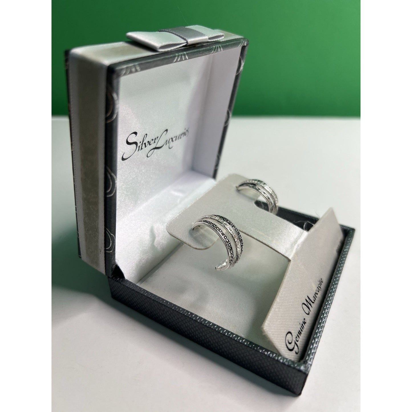 Silver Luxuries Silver Plated Hoop Earrings Genuine Marcasite New In Box
