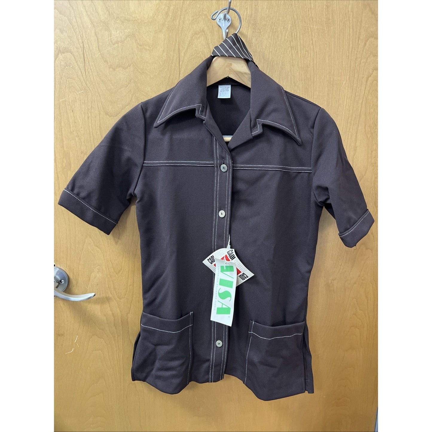 VTG CadiSport Double Pocket Button Shirt Men's 10 Brown White Stitching