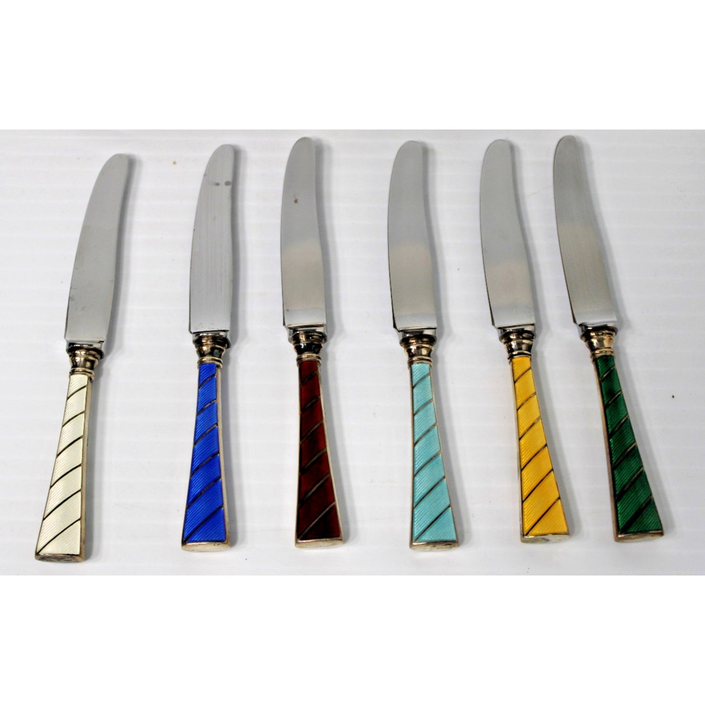 Sterling Silver Enamel Knives, Raadvad Denmark Boxed Set of 6 Art Deco Fruit Set