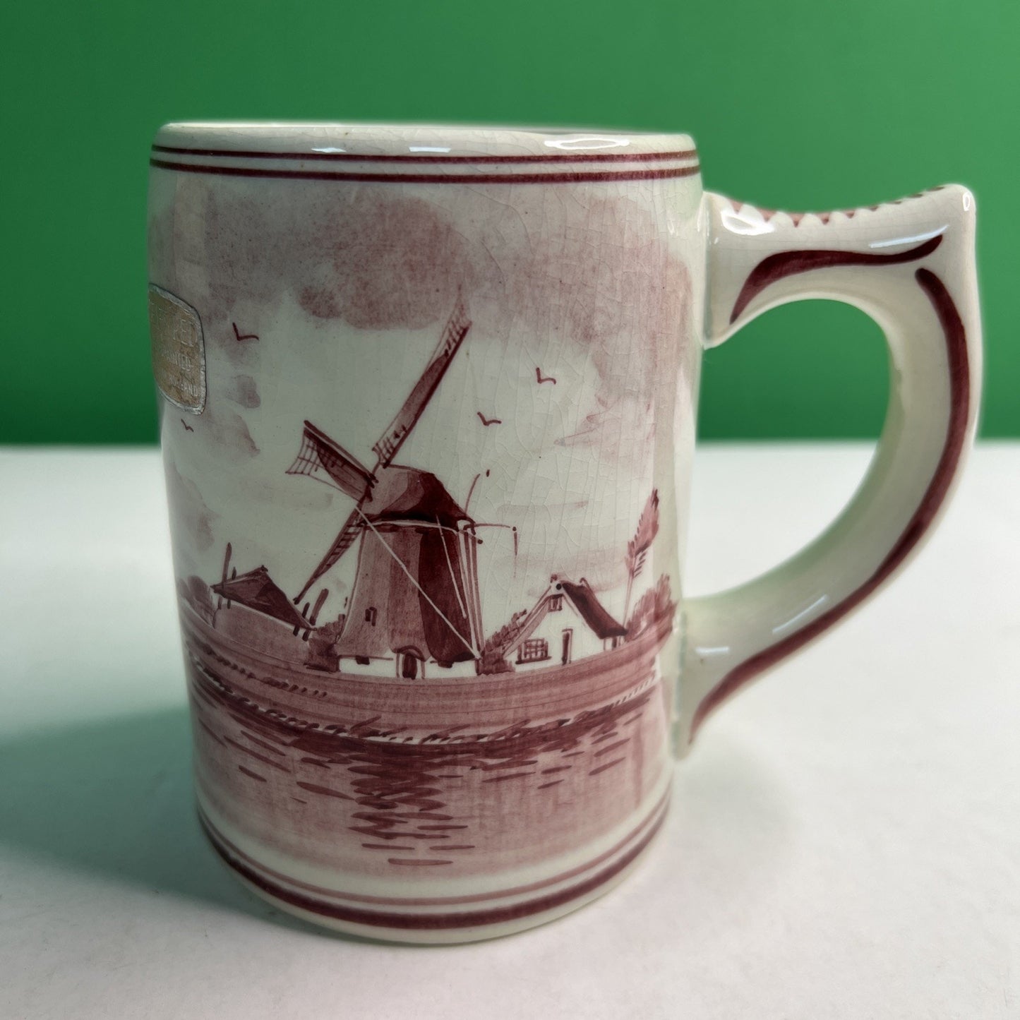 Vintage Hand Painted Delft Red Holland Dutch Windmill Stein Mug Original Sticker