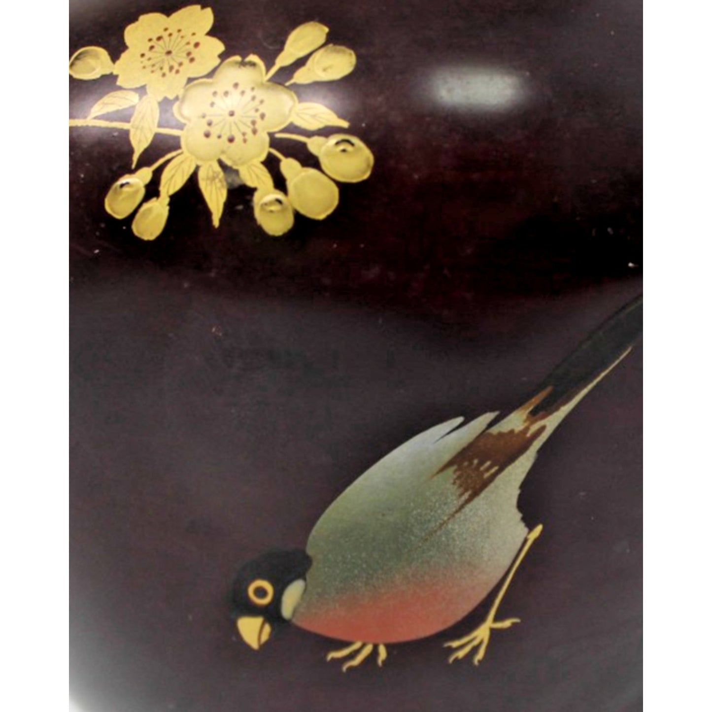 Vintage Japanese Bronzed Pottery Vase, Gilt Robin/ Bird Cherry Blossom Branch