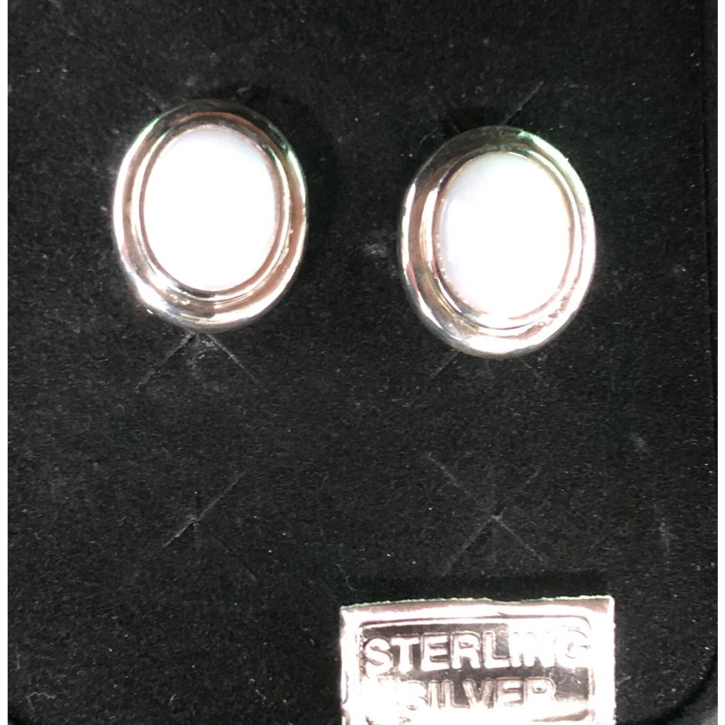Vintage Sterling Silver Oval White Cabochon Stone Post Earrings Gift Box