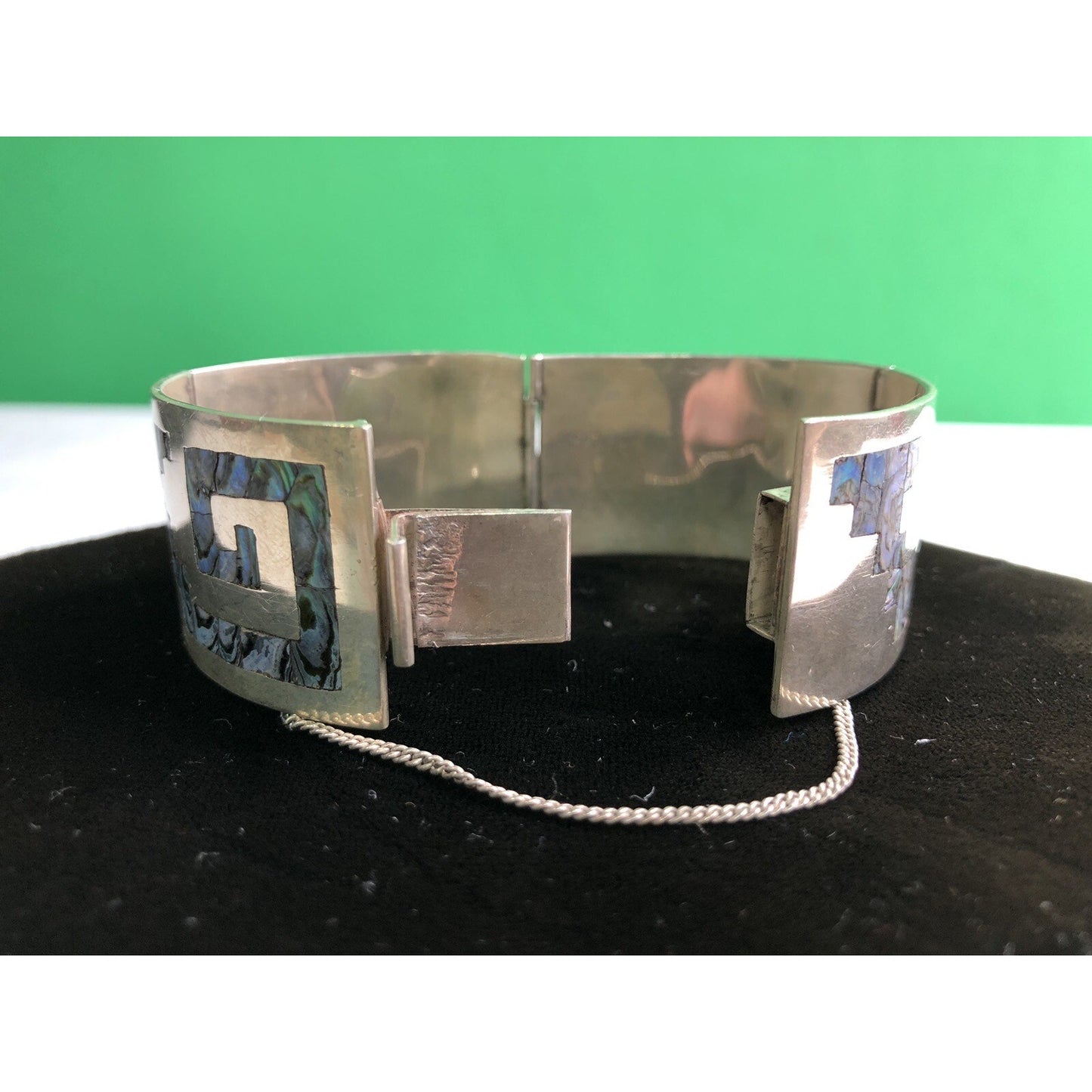 Vintage Mexico Sterling Silver Abalone Inlay Greek Key Panel Link Bracelet H.J.R