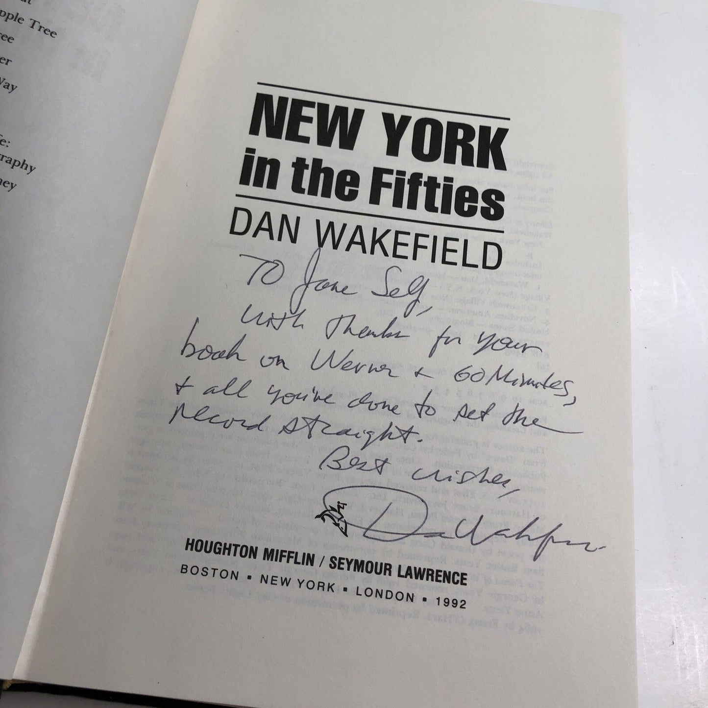 New York in the 50s Hardcover By Dan Wakefield GOOD Signed By Author 1992 DJ