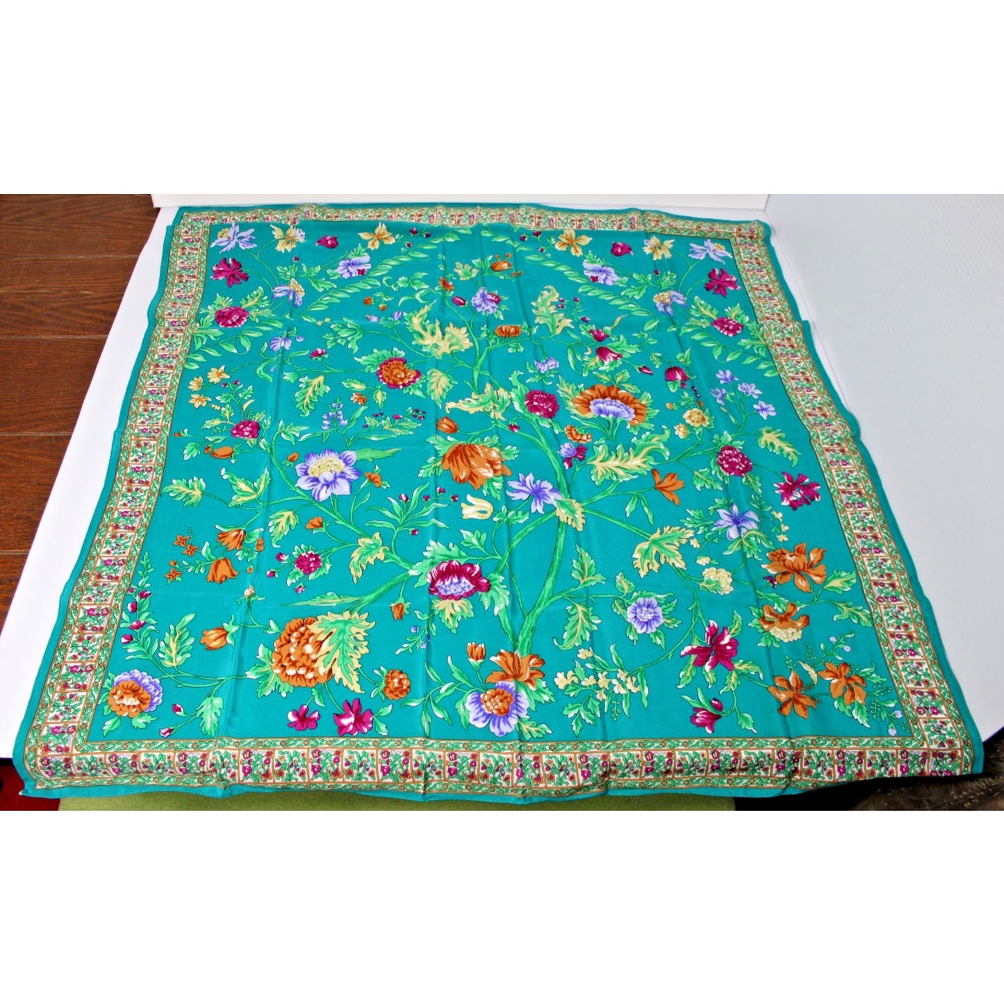 Vintage 100% Silk 35" Large Square Scarf/ Wrap, Teal Green Floral Sézane, Paris