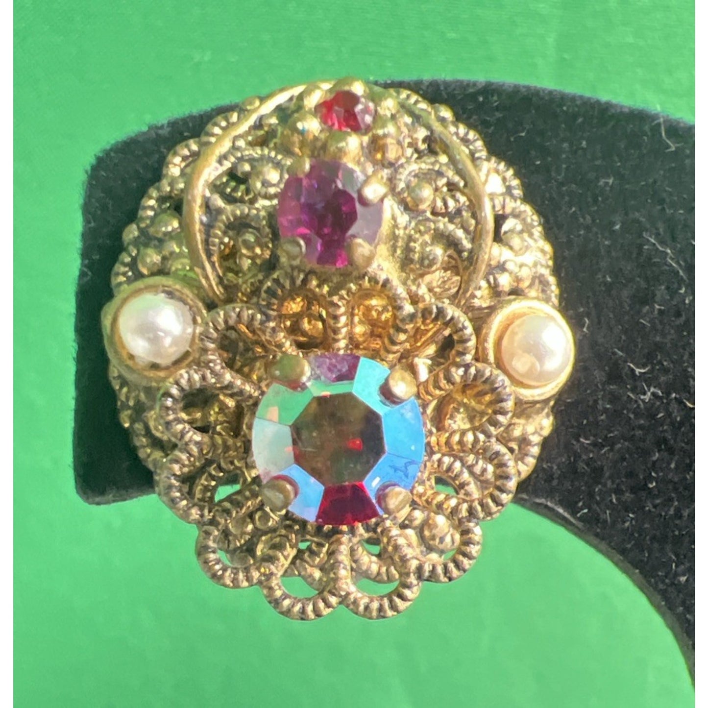 Antique Filigree West Germany Brass ClipOn Earrings w/ Faux Pearls & Rhinestones