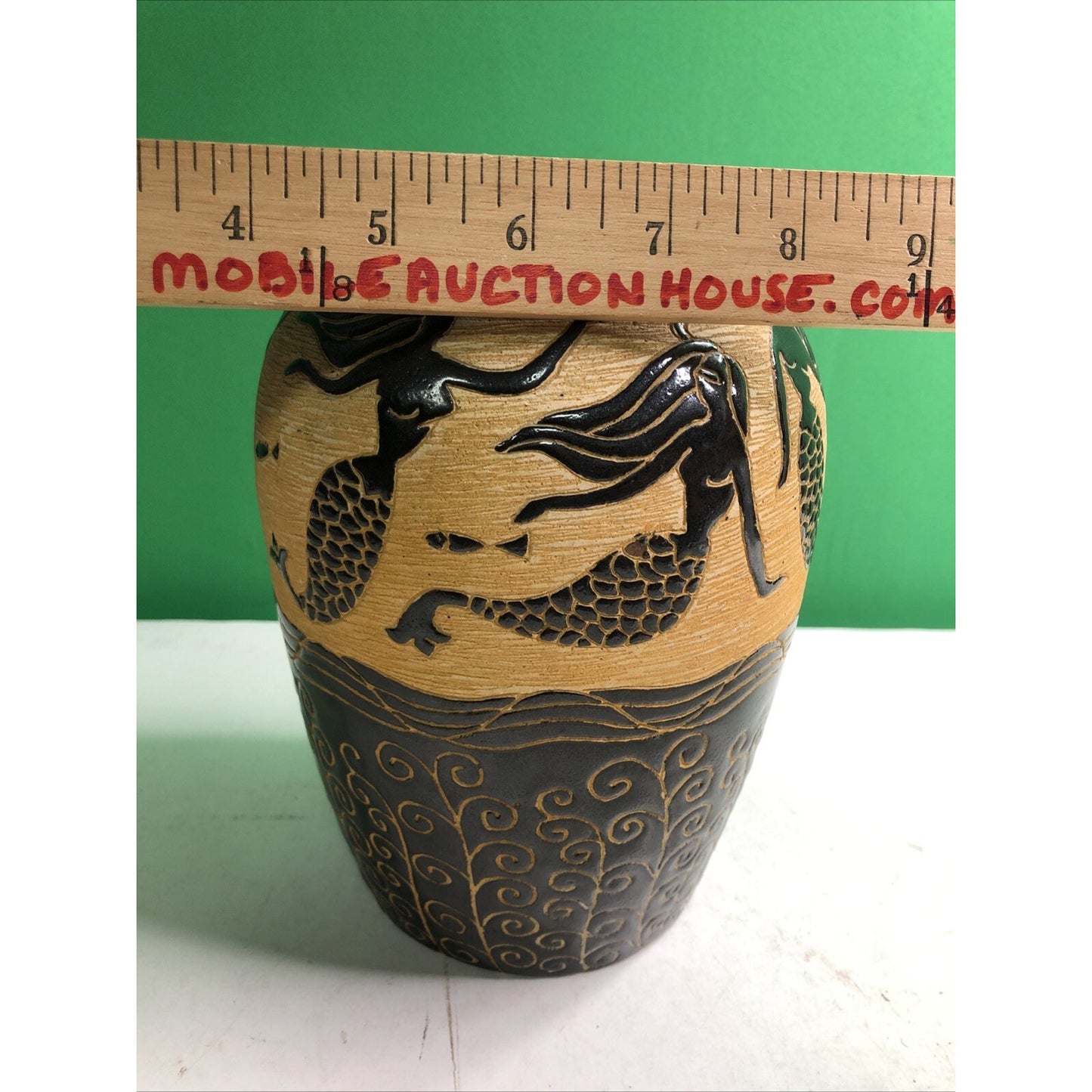 Beautiful MERMAID Vase Sgrafitto Studio Art Pottery Rich Brown Cream Orange