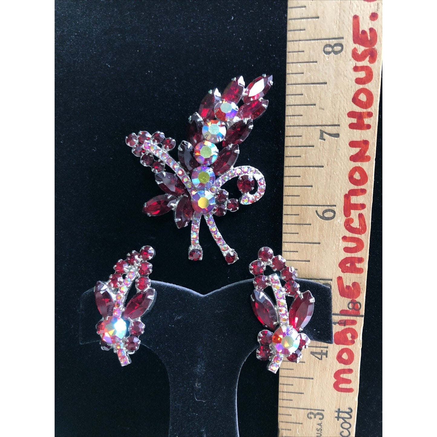 Vintage Rhinestone Brooch & Clip On Earring Set Red
